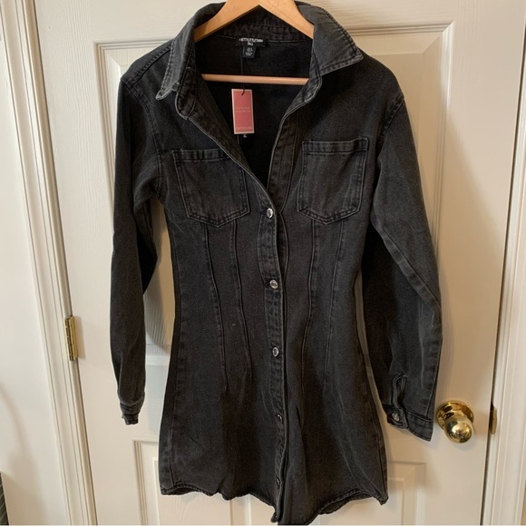 NWT PrettyLittleThing Tall Black Wash Denim Oversized Shirt Dress - Picture 1 of 4
